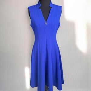 Calvin Klein Fit & Flare Zip Front Collared Midi Cocktail Wedding Guest Workwear